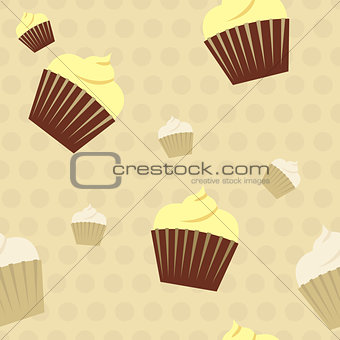Cupcakes on a polkadot background seamless pattern