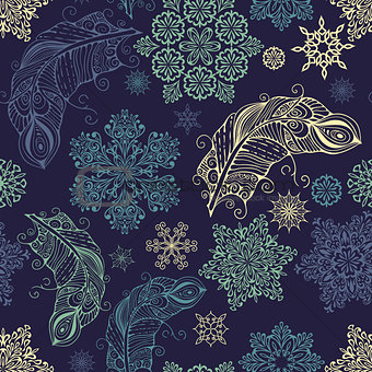 Vector Seamless Pattern with snowflakes and feathers
