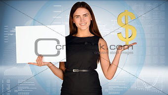 Businesswoman holding golden dollar symbol and blank paper sheet