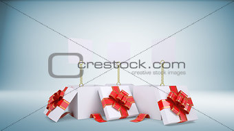 Three blank paper sheets popped out of three gift boxes