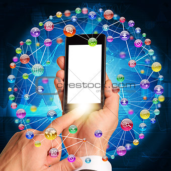 Male hands using black smartphone with blank screen, in sphere, composed of icons