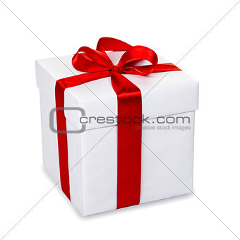 White gift box with red ribbon and bow, isolated on white backgr