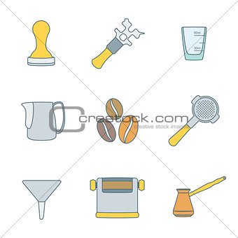 color outline coffee barista instruments icons set