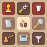 flat style coffee barista instruments icons set