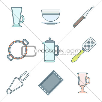 various color outline dinnerware icons set