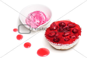 Raspberry cheese cake and ice cream ball