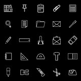 Stationery line icons on black background