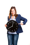 Business woman holding a big clock