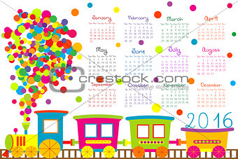 2016 calendar with cartoon train for kids