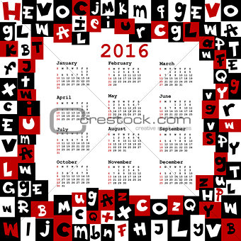 2016 calendar with letters