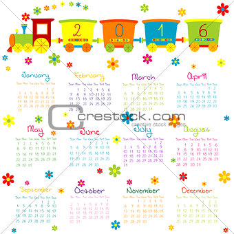2016 Calendar with toy train and flowers