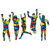 People jumping. Silhouette patterned in colorful mosaic backgrou