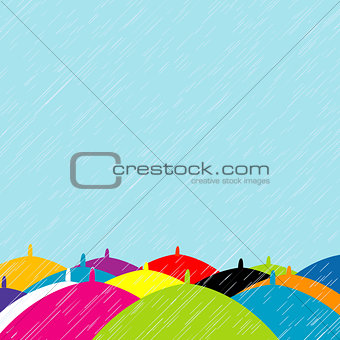 Summer rain with colored umbrellas background