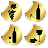 Wine icons on golden round stickers with curved corner