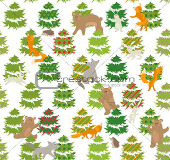 Seamless green pattern with trees and animals
