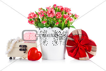Bunch roses and gift on valentines day