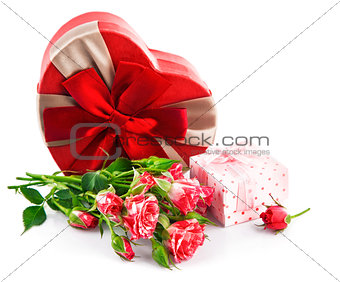 Gift with bunch roses on valentines day