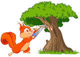 Funny squirrel saws branch