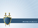 Blue striped shield with two swords icon design