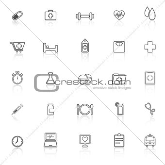 Health line icons with reflect on white background