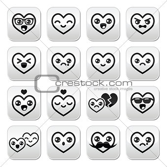 Kawaii hearts, Valentine's Day cute vector buttons set