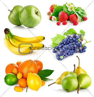 Set fresh fruits with green leaves