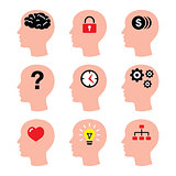 Head, man thoughts, brain vector icons set