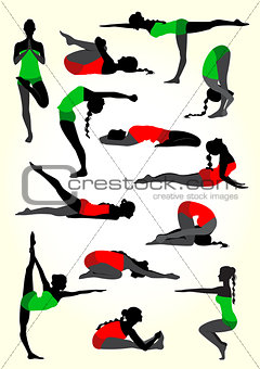 Yoga silhouettes background in white