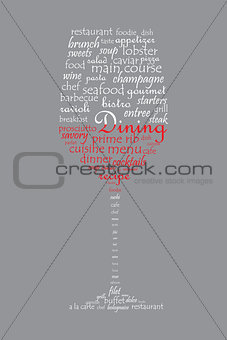 Food and dining concept on a wine glass shaped word collage
