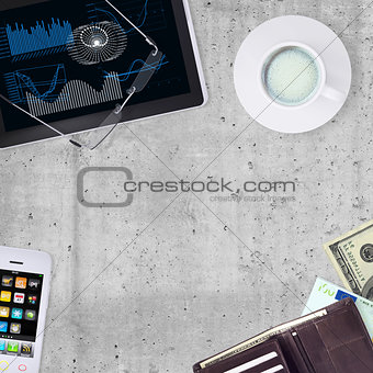 Tablet PC, smartphone, cup of coffee and wallet