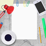 Blank paper sheet with office work elements around