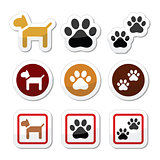 Dog, paw prints vector icons set