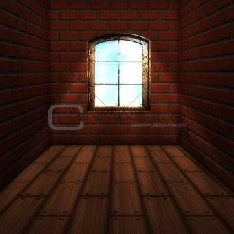 Room with brick wall with window
