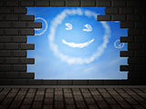 Smile cloud in hole in brick wall