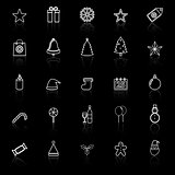 Christmas line icons with reflect on black background