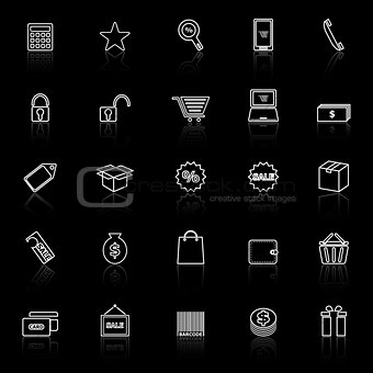 Shopping line icons with reflect on black background