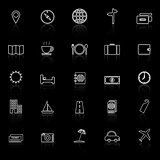 Travel line icons with reflect on black background
