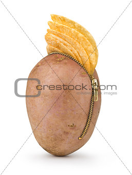 Potato chips in row potato with zipper isolated on white background, potato chips concept