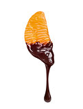 fresh slice of tangerine in chocolate isolated on white backgrou