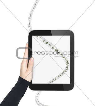 hand with tablet and wire with dollars and digits