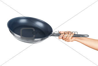 hand holding a frying pan on an isolated white background