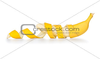 Peeled banana on white background