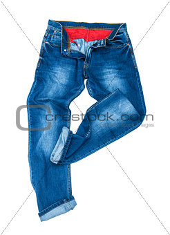men's blue jeans dancing on a white background