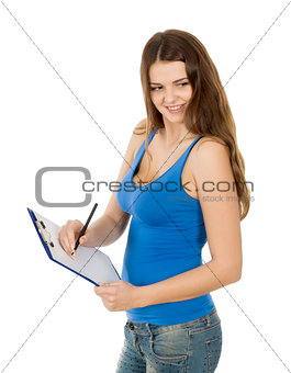 happy and smiling woman in blue t-shirt