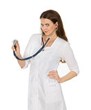 Female doctor wearing a white coat and stethoscope