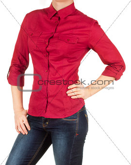 girl in red shirt and jeans on a white background