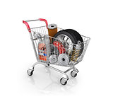 Auto parts in the trolley. Auto parts store. Automotive basket s