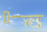 Gold currency symbols on the key with the word yes on the sky.
