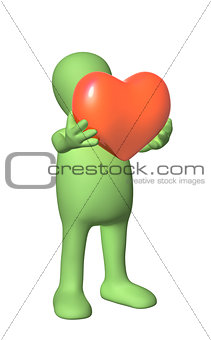 3d puppet, holding in hands red heart