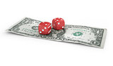 Pair of red dice on one dollar banknotes.
